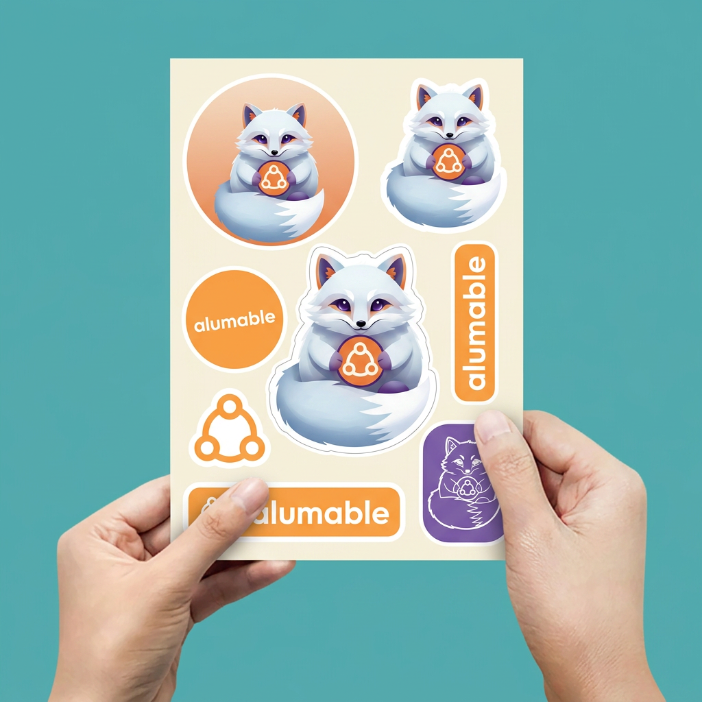 A4 sticker sheet held in two hands, printed with Alumable logo stickers and Arty the fox hugging the Alumable mark