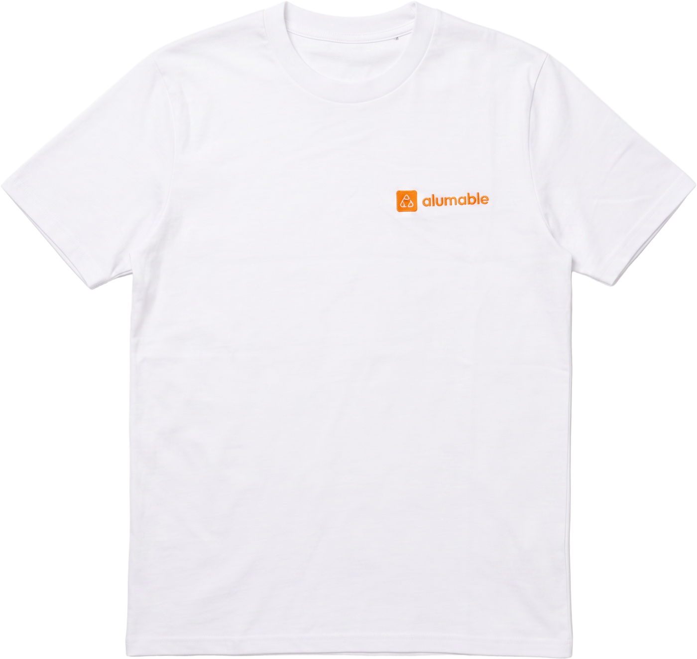 White Alumable t-shirt with the small orange embroidered Alumable logo on the chest